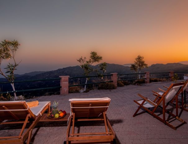 Best View Mountain Villa Chania- villa 95 terrace sunbeds sunset sea view
